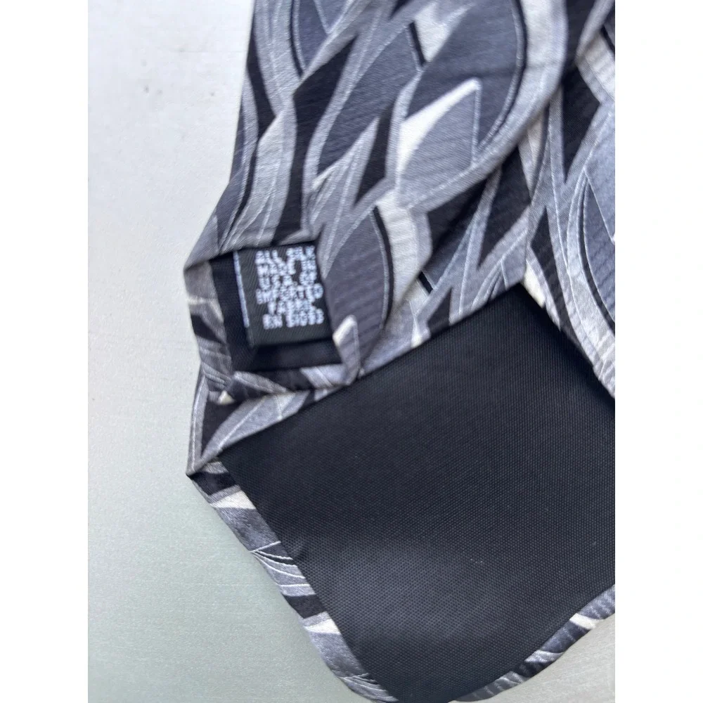 Puritan Mens Silk Necktie Black Grey Silver Geometric Abstract Pattern USA Made